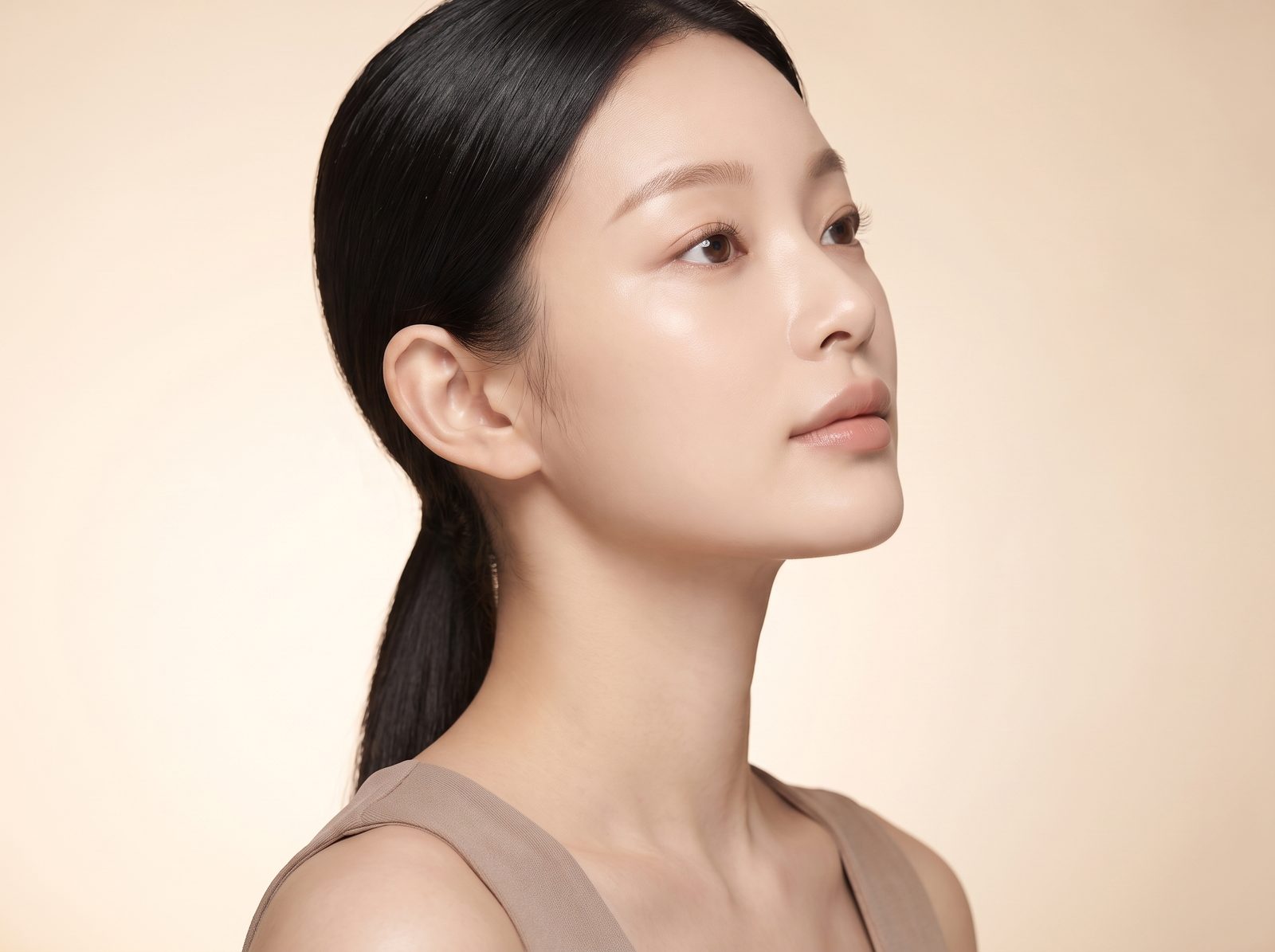 쁘띠·레이저 안내 — 피부결이 드러난 여성 옆모습 컨셉 이미지