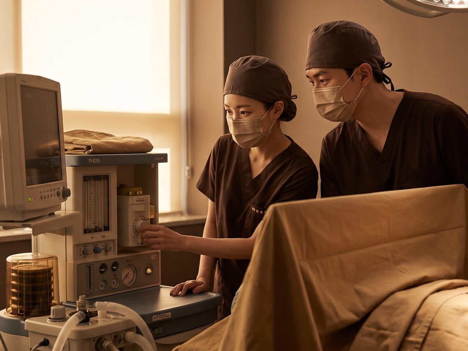 안면부 이물질 제거 안내 — 수술실에서 장비를 점검하는 의료진 이미지